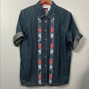 Ladies Vintage Koret City Blues Blue Denim Short Sleeve Shirt size Large